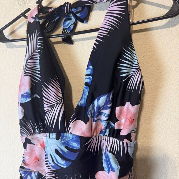 DKNY Swimsuit one piece black floral tropical hibiscus plunge halter sz L - Picture 3 of 8